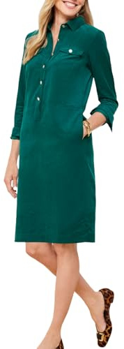 Cordkleid für Damen, langärmelig, Kordel, Etuikleid, Knopfleiste, Revers, V-Ausschnitt, Midikleid, Grün, Groß