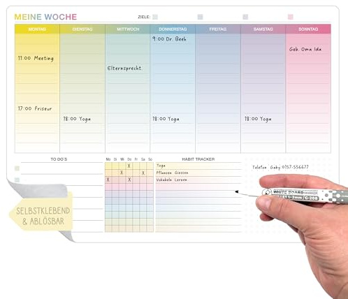 TOBJA Whiteboard veckoplanerare avtorkningsbar A4 självhäftande kalender 30 x 21 | Kalender med att göra lista & Habit tracker | återanvändbar veckoplanerare för vägg och kylskåp (planerare inkl