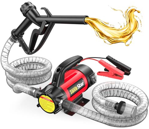 TaskStar Pompe à Gasoil 12V: Débit 50 L/min, Pompe Électrique Portable avec Pistolet, Filtre et Tuyaux pour Diesel, Biodiesel, Kérosène et Fioul – Pour Maison, Ferme et Chantier