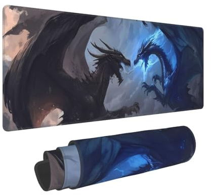 Large Gaming Mouse Pad - Black and Blue Lightning Dragon Rubber Base Desk Mat, Desk Pad with Stitched Edges, Mousepad for Laptop, PC Keyboard Mouse Mat for Work Game Office 12x31.5 Inch