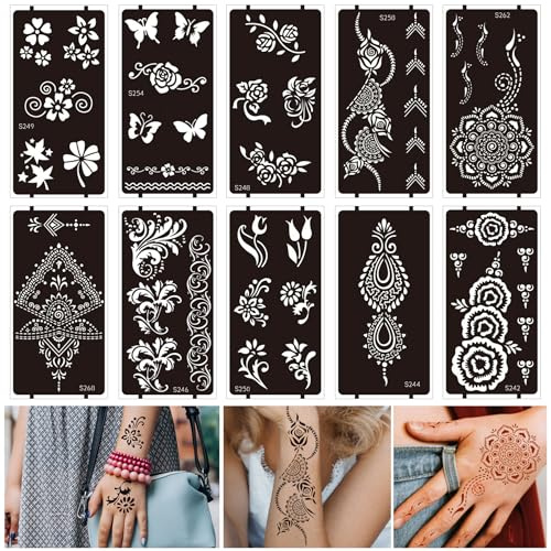 OPUHOHR 10 Blatt Henna Tattoo Stencil für Frauen Mädchen, Indische Temporäre Tattoo Schablonen für Erwachsene Gesicht Hand Fuß Finger