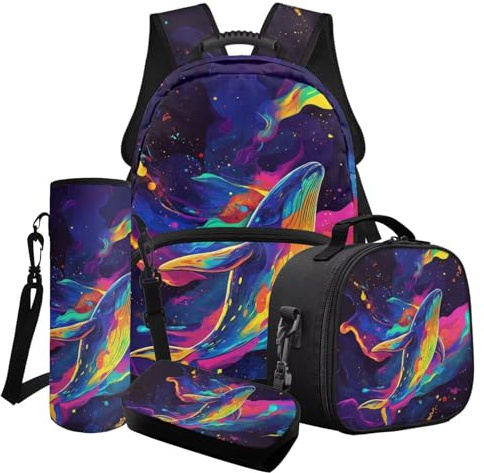 LACIYISON Colorful Paint Splatter Whale Print Backpack Set with Lunch Bag Water Bottle Bag Pencil Box School Bookbags Set for Boys Secondary Primary Middle School