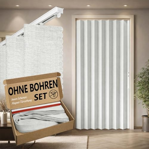 Jilron 100% Blickdichter Türvorhang – Faltbarer Akordion-Stil mit Magnetverschluss, Klebemontage ohne Bohren, inkl. Klebeschiene, Verdunkelung & Windschutz,Weiß, H201 x B135 cm