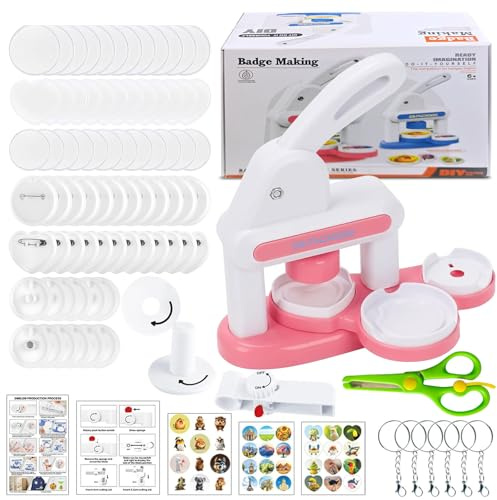 UIOK Buttonmaschine, 3-in-1 Rosa Button Maker Maschine DIY Pin Maker | Buttons Selber Machen, Buttons Buttonmaschine mit Knopfteilen, Abzeichen Macher Maschine für Abzeichen, Spiegel, Brosche