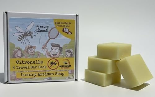 Bristol Soap Company Artisan Soap, 4 Guest/Travel Size Bar Pack, Citronella Essential Oil, Anti-Mosquito. With Shea Butter & Coconut Oil, Vegan