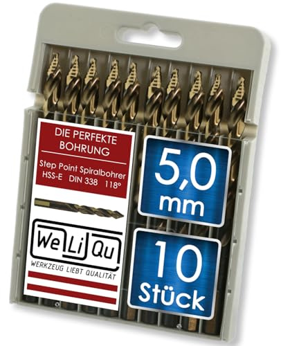 WELIQU 10 Stück HSS-E Kobalt Step Point Spiralbohrer Ø 5,0 mm, geschliffene, selbstzentrierende Metallbohrer, 118° für Stahl, Edelstahl, Aluminium, Messing, Bronze, Gusseisen, Hartholz, Kunststoff