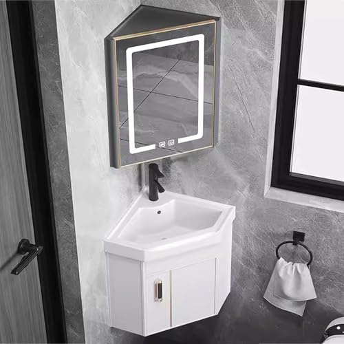 Mueble de tocador esquinero compacto con lavabo y espejo LED, elegante mueble de baño pequeño para espacios limitados (Bianco, 43 cm), ideal para interiores modernos