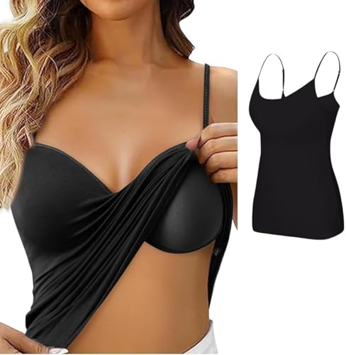 Ruayia Hauts avec soutien-gorge intégré, maillot de corps, chemise soutien-gorge, débardeur pour femme, coton, bretelles spaghetti réglables, débardeur en coton avec étagère, Noir - XL, taille unique