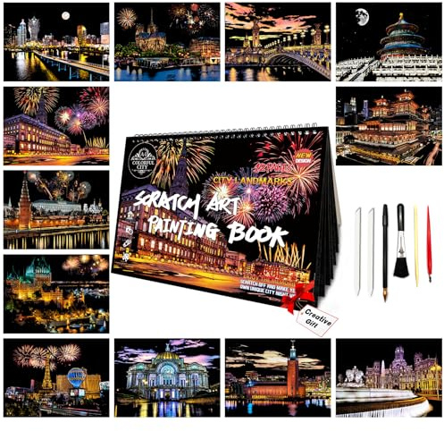 Scratch Art Malerei für Erwachsene & Kinder - 12-teiliges A4-Landmark-Gebäude-Scratch-Art-Buch-Set | Scratch-Malpapier-Kunst-Kit | Stressabbau-Geschenk für Reise- & Bastelliebhaber | Kreative