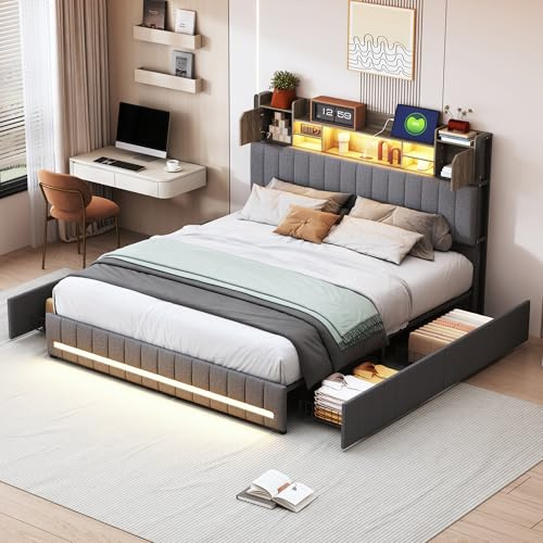 FEEOHOME Schubladenbett 140 x 200 cm, Polsterbett Modern mit 4 Schubladen und gepolstertes Kopfteil, Jugendbett Bett mit LED und USB, Doppelbett für Erwachsene und Jugendliche, Leinen, Grau