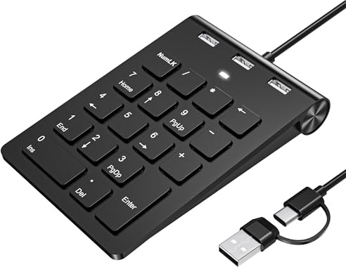 Suejezt 18 Key Wired Numeric Keypad with 3 Port USB 2.0 Hub, USB C & USB A Slim Portable Numpad for Laptop, Desktop, PC, MacBook, Efficiency Financial Accounting Num Pad USB c Support Plug and Play