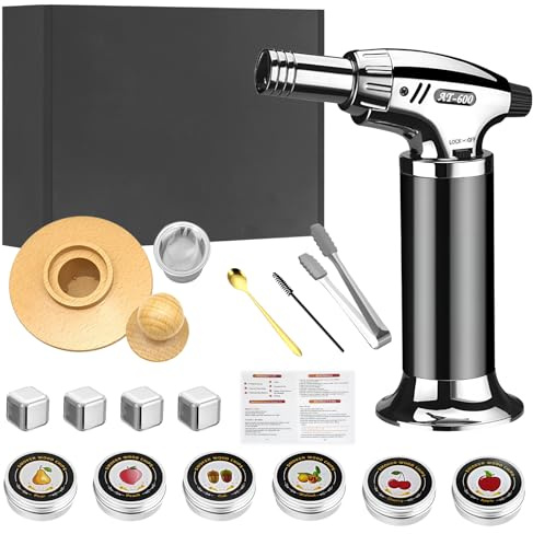 Cocktail Smoker Kit with Torch, 6 Flavors Wood Chips, Whiskey Stones & Accessories, Old Fashioned Drink Smoking Set - Men's Gifts for Boyfriend, Dad, Birthday, Christmas, Anniversary (No Butane)