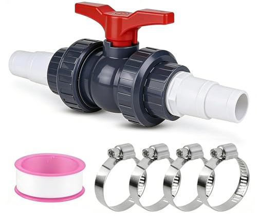 PVC Kugelhahn 50mm Pool Absperrhahn, Kugelhahn mit Schlauchverbinder, 1 Absperrhahn 1 1/2 (50 mm) , 2 Schlauchtülle 32-38mm, Poolschlauch Verbinder Pool Adapter Poolventil Ventil Kugelventil für Pool