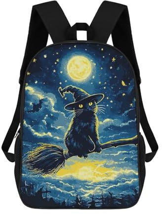 sinyumoney Kids Backpacks 3D Printed Black Cat Witch on Broom School Bags Kids Boys Girls Travel Backpacks Book Bags for in School Or Travel 17inch