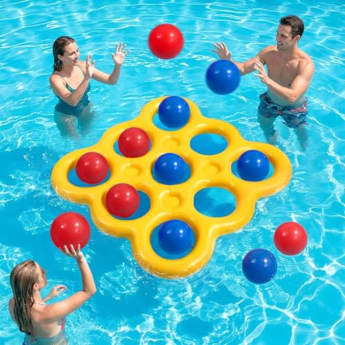 MoKo Set Giochi Acquatici Tic-Tac-Toe per Piscina, Galleggiante Piscina Gonfiabile con 10 Palline, Giochi per Feste in Famiglia Spiaggia Outdoor Adulti Adolescenti Bambini 2-10 Giocatori, Giallo
