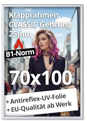 net-xpress® 70 x 100 cm Brandschutzrahmen | Klapprahmen Brandschutz 70x100 | Plakatrahmen B1 Norm nach DIN 4102 schwer entflammbar | 25 mm silber | mit Antireflex-Folie, Schrauben & Dübel