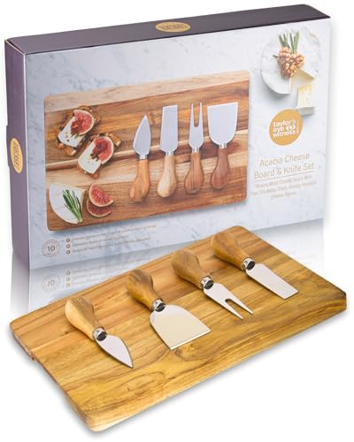 4 Piece Cheese Knife Set & Acacia Board - Stylish Cheese Knives Gift Set With Acacia Wood Board. Acacia Wood Knife Handles & Classic Polished Stainless Steel Blades, Extra Sharp. 10 Year Guarantee.