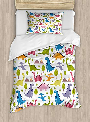 Ambesonne Dino Duvet Cover Set, Cartoon Style Colorful Dinosaurs T-Rex Triceratops Prehistoric Reptile Wildlife, Decorative 2 Piece Bedding Set with 1 Pillow Sham, Twin Size, Blue Green