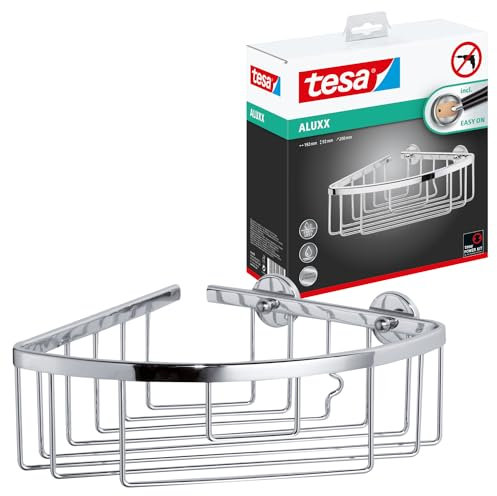 tesa ALUXX Eckduschkorb, Aluminium, verchromt, garantiert rostfrei, inkl. Klebelösung, 207 mm x 202 mm x 92 mm