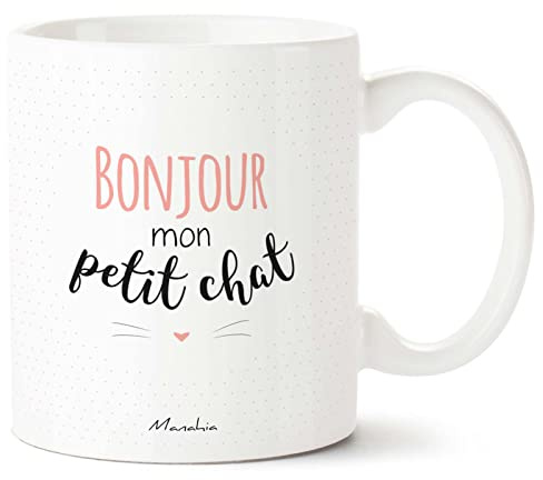 Manahia - Mug Chat - Rose - Cadeau Mignon - Amour ou Amitié | Bonjour mon petit chat - Tasse femme - Cadeau mignon copine - Saint-Valentin & Noël - Boîte kraft - Imprimée en France
