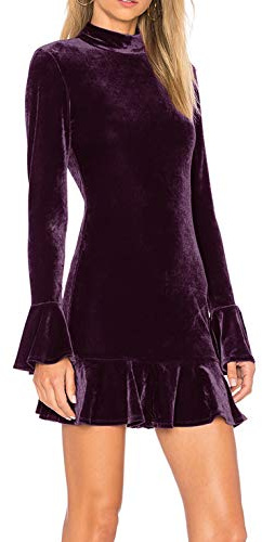 R.Vivimos Donna Mini Vestito Manica A Campana Sottile Bodycon Increspature Hem Velluto Abito Corto(S,Viola)
