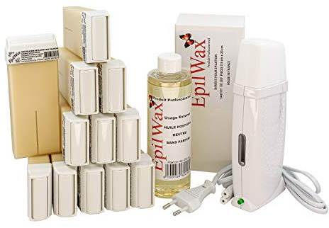 EpilWax - Kit Chauffe Cire Épilation Professionnelle avec 12 x Recharges Roll on Cire à la Vanille, 100 x Bandes d'Épilation et Huile après Épilation - Gamme Royal
