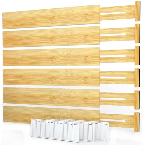 SpaceAid Bamboo Drawer Dividers with Labels, Kitchen Adjustable Drawer Organizers, Expandable Organization for Home, Office, Dressers and Bathroom, 6 Dividers (17-22 in)