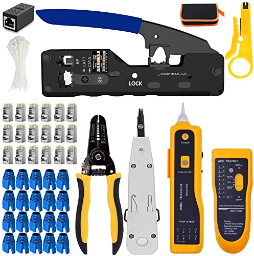 OKVNUO-TECH RJ45 Pince à Sertir Outil de Sertissage de Réseau Professionnel pour Prises de Câble Ethernet RJ45 Cat7 Cat6a Cat6 Cat5 RJ11 (Orange)