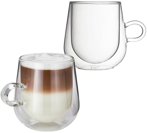 JUDGE 2er-Set Doppelwandige Milchkaffee-Tassen aus Glas | Kaffeegläser mit Henkel | Vakuumisolierte Milchkaffee-Gläser | Kaffee Gläser | Kunsthandwerklich Gefertigt | Stabil & Hitzebeständig | 475 ml