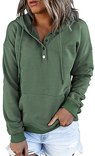 Dokotoo Kapuzenpullover Damen Knopfleiste Hoodie Pullover | Langarm Herbst Winter Sweatshirts Oberteile Pulli mit Kängurutasche