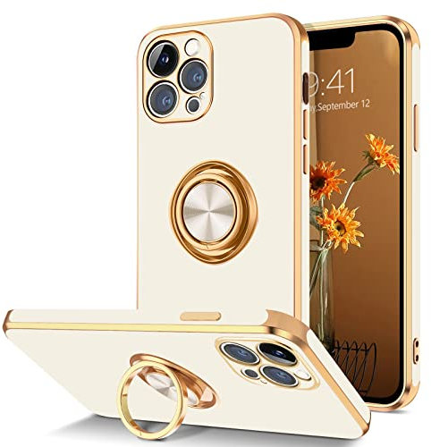 DOMAVER Case for iPhone 12 Pro Max with 360° Ring Holder, Shockproof Slim Kickstand Magnetic Support Car Mount Women Men Non-Slip Protective Phone Case for iPhone 12 Pro Max 6.7, White/Gold