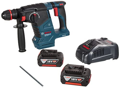 Bosch Professional GBH 187-LI - Taladro percutor inalámbrico (18 V, 2 baterías de 5,0 Ah, cargador, 2,4 J, diámetro de perforación en hormigón: 24 mm, maletín de plástico, One Chuck: varios accesorios
