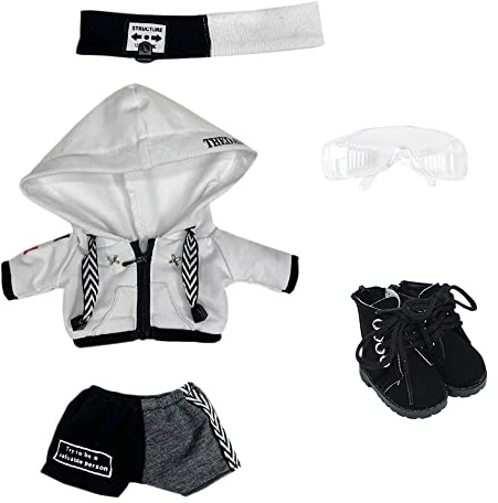 niannyyhouse 20 cm Plüsch-Puppenkleidung, locker, schwarz-weißer Anzug, Kopfbedeckung, Kapuzenpullover, Hose, Brille, Schuhe, Puppen-Dressup (weiß, 20 cm)