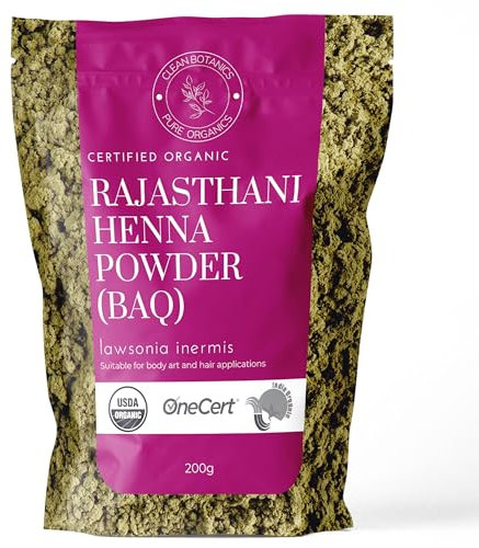 Clean Organics 200g Organic Certified Rajasthani Henna Powder 100% Pure Mendhi Natural Hair Colour Dye Triple Sifted BAQ