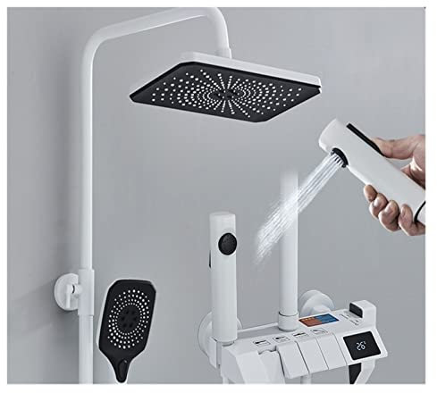 2024 New White Digital Display Shower System Set LCD Hot and Cold Bathroom Shower Set Faucet System 4 Way Rainfall Bathroom Tap Mixer Tap LED Shower Panel(Color:No Digital Grey)