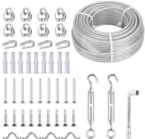 fshihine 5mm Garden Wire for Climbing Plants, 30M PVC Coated Galvanised Steel Cable with Wire Rope Clips & Thimbles, Turnbuckles Tensioner Kit for Climbing Plants Support, Curtain, Fence, Clothesline