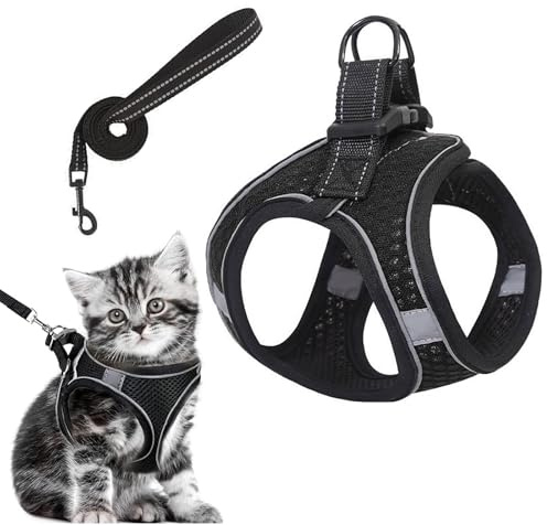 Katzengeschirr, Katzenleine mit Geschirr,Katzengeschirr ausbruchsicher, für Haustiere mit einem Gewicht von 1,5-3 kg, Weiches Mesh-Welpengeschirr zum Gehen