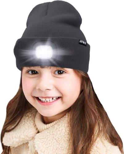 ATNKE Kids LED beleuchtete Mütze mit Licht, USB Wiederaufladbare 4 LED Scheinwerfer wasserdichte Winterwärmer Strick Nachthüte mit leichten Jungen Mädchen/Noble Gray