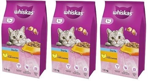 Whiskas Adult 1+ Sterile Katzentrockenfutter mit Huhn, 3 Beutel, 3x1,4kg – Hochwertiges Trockenfutter für ausgewachsene, sterilisierte BZW. kastrierte Katzen