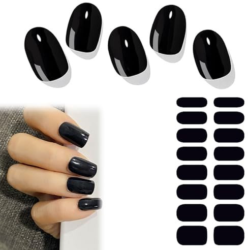 Pegatinas de Uñas de Gel, Gel Nail Stickers, Pegatinas para Uñas Semipermanente, Láminas de uñas adhesivas, Se adhiere a uñas naturales, Tiras Uñas Adhesivas Esmalte Semicuradas (Negro)