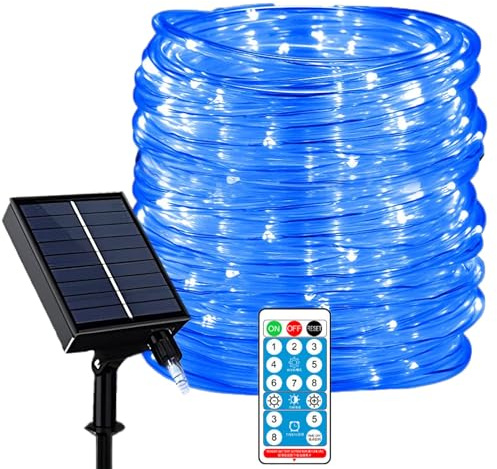 KINGCOO 100 luci solari a LED per esterni, impermeabili, tubo di rame da 10 m, filo di rame, luci a energia solare con telecomando per giardino, matrimoni, feste, decorazioni natalizie (blu)