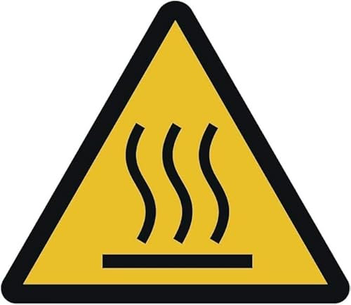 Cartel de plástico de advertencia de superficie caliente, diámetro de 10 cm según ISO 7010, ASR A1.3 (resistente a la intemperie)