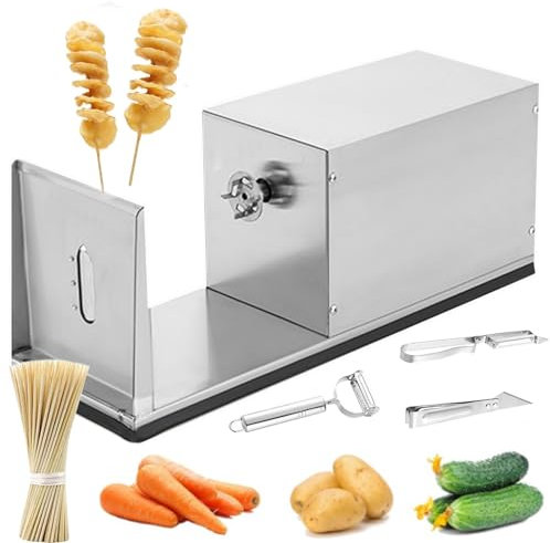 Taglia Patate, Affetta Patate | Tagliapasta Per Patatine Fritte Acciaio Inossidabile |Tagliapatate Elettrico Tornado Spirale Per Patate Fritte,3 Utensili Per Sbucciare/100 Bastoncini Bambù,Silver