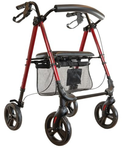 Parvum Nova Rollator – Leichter und stabiler Rollator für Senioren, faltbar und höhenverstellbar, mit Sitz, Rückenlehne, Tasche, Stockhalter, pannensicheren Rädern – nur 6,9kg – Gehhilfe - Rot