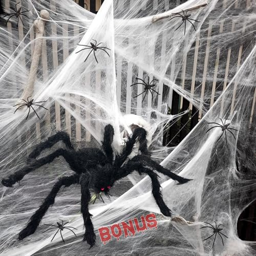 330g Spinnennetz Halloween Deko, Halloween Deko 1800FT Spinnennetz + Eine große Spinne + 50 Stück Mini Spinnen für Outdoor/Indoor Halloween Dekoration