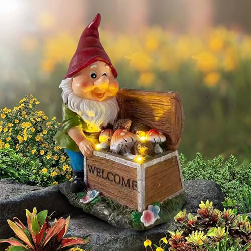 ZOKBOM Gnome Garden Statue, Outdoor Christmas Garden Gnomes Ornaments with 3 Solar Mushroom Lights, Waterproof Resin Gnomes Garden Figurine for Patio Yard Lawn Housewarming Xmas Gifts