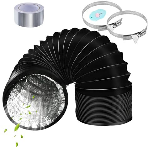 URHRHU Abluftschlauch Alu Flexrohr ø125mm Länge 2m Schwarz Lüftungsschlauch Abluftrohr Flexibel mit 2 Schlauchschelle Edelstahl und 5m Aluminium-Klebeband PVC Schlauch für Trockner Dunstabzugshaube