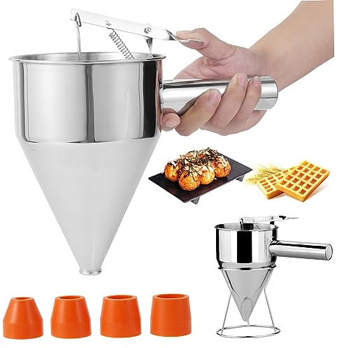 40oz Pancake Batter Dispenser,Stainless Steel Funnel Cake Dispenser with Stand,Heavy Duty Baking Tool with 4Pcs 18mm Nozzles for Cake Dessert Baking
