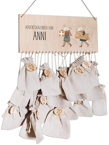 Bärenfreunde® - Personalisierter Adventskalender zum selber befüllen - mit kinderfreundlichem Druck auf Holz - mit Juteschnur Jutesäckchen und Holzzahlen (Mäuse Briefpost)