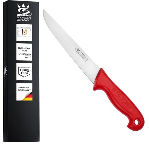 GEHRING Solingen Stechmesser 20 cm I Professionelles Metzgermesser aus rostfreiem Edelstahl I ergonomischer Kunststoffgriff rot I Schlachtermesser I Fleischmesser I Made in Germany